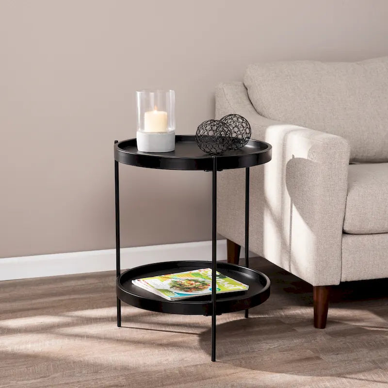Black / Natural & Black Round Modern Side Table with Shelf