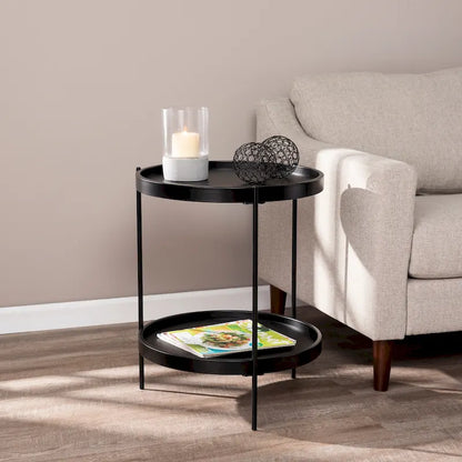 Black / Natural & Black Round Modern Side Table with Shelf