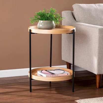 Black / Natural & Black Round Modern Side Table with Shelf