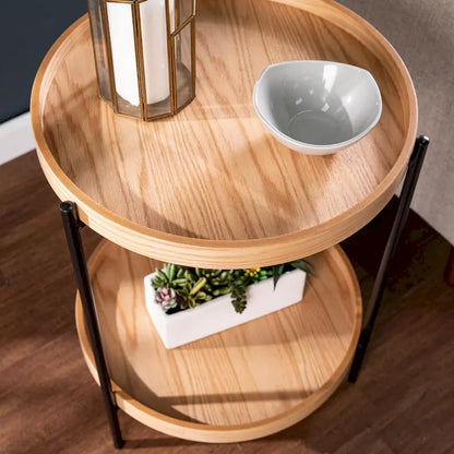 Black / Natural & Black Round Modern Side Table with Shelf