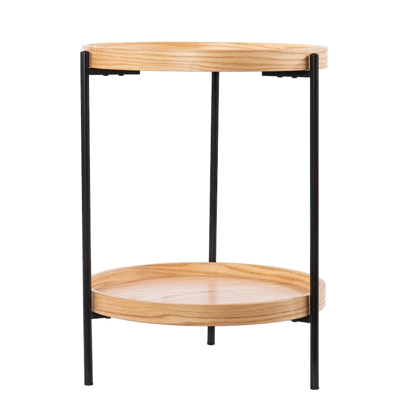 Black / Natural & Black Round Modern Side Table with Shelf