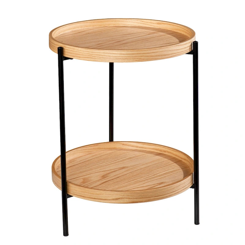 Black / Natural & Black Round Modern Side Table with Shelf