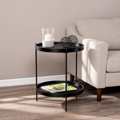 Black / Natural & Black Round Modern Side Table with Shelf
