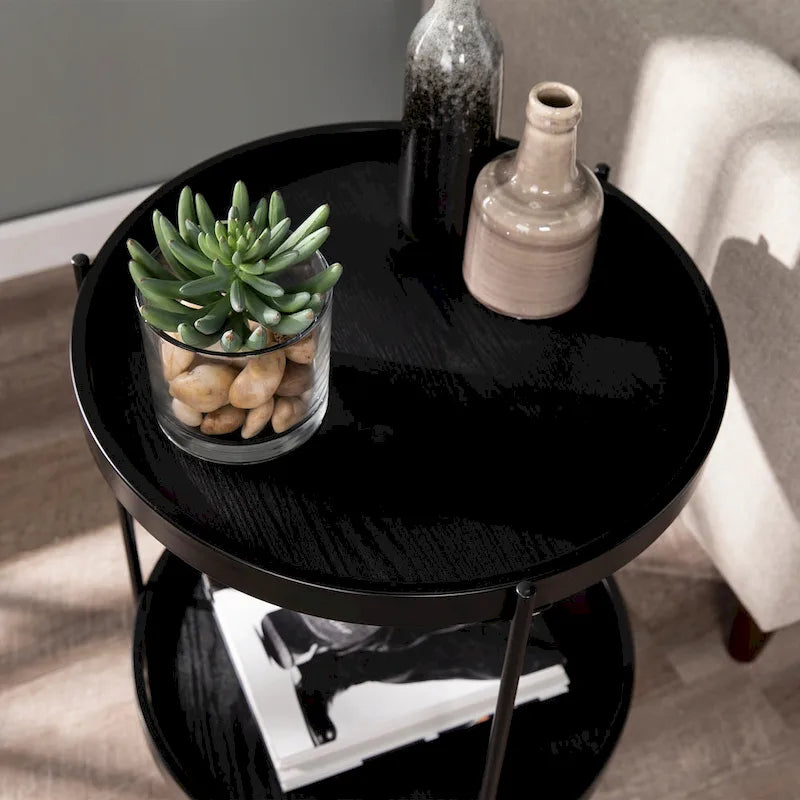 Black / Natural & Black Round Modern Side Table with Shelf