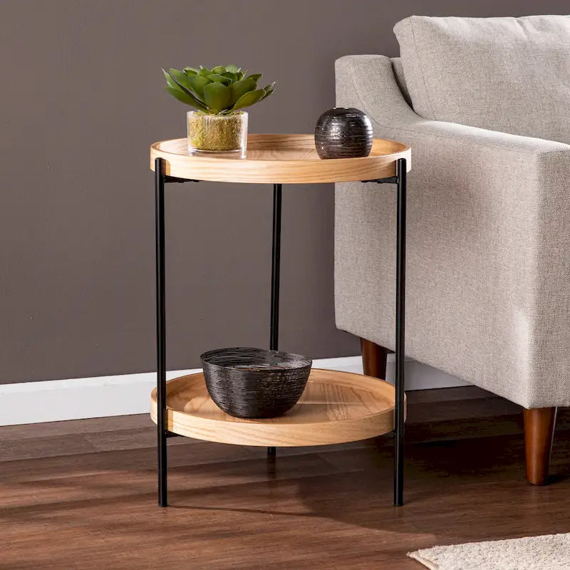 Black / Natural & Black Round Modern Side Table with Shelf