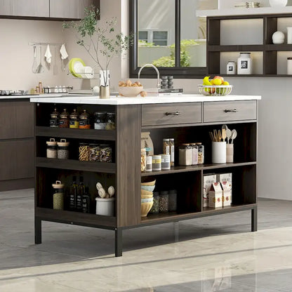 Brown Kitchen Island Cabinet with Drawers and Open Shelves