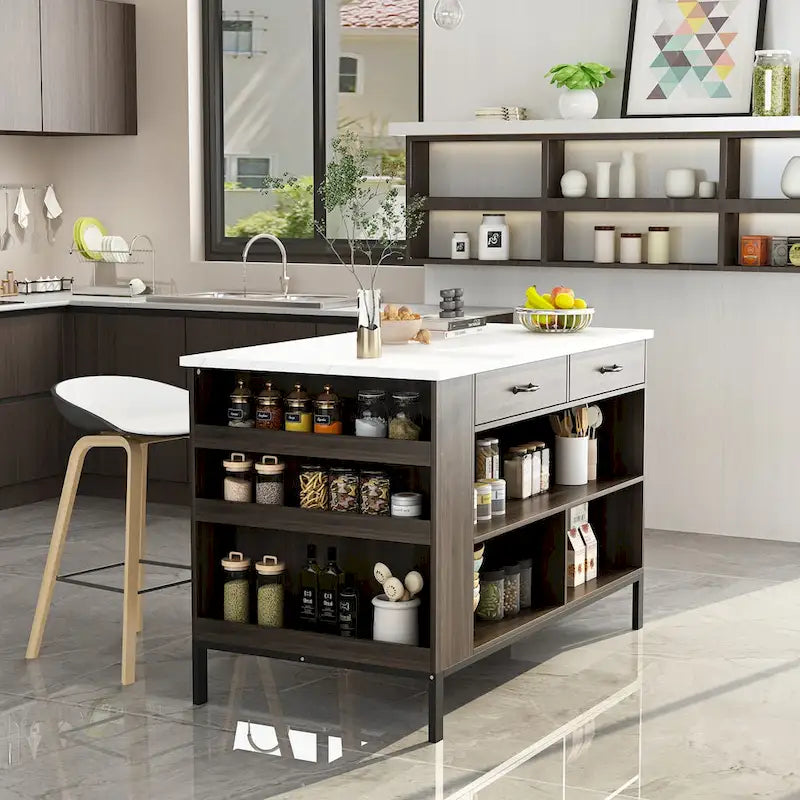 Brown Kitchen Island Cabinet with Drawers and Open Shelves