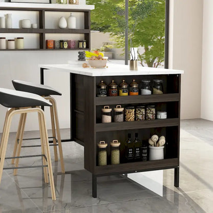 Brown Kitchen Island Cabinet with Drawers and Open Shelves