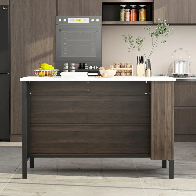 Brown Kitchen Island Cabinet with Drawers and Open Shelves