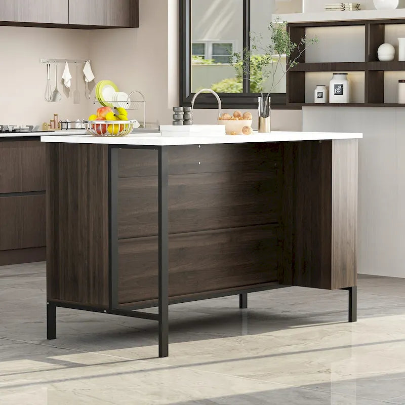 Brown Kitchen Island Cabinet with Drawers and Open Shelves