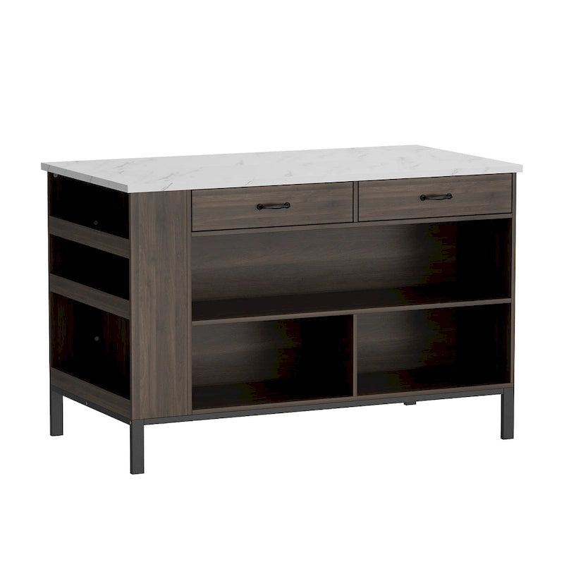 Brown Kitchen Island Cabinet with Drawers and Open Shelves