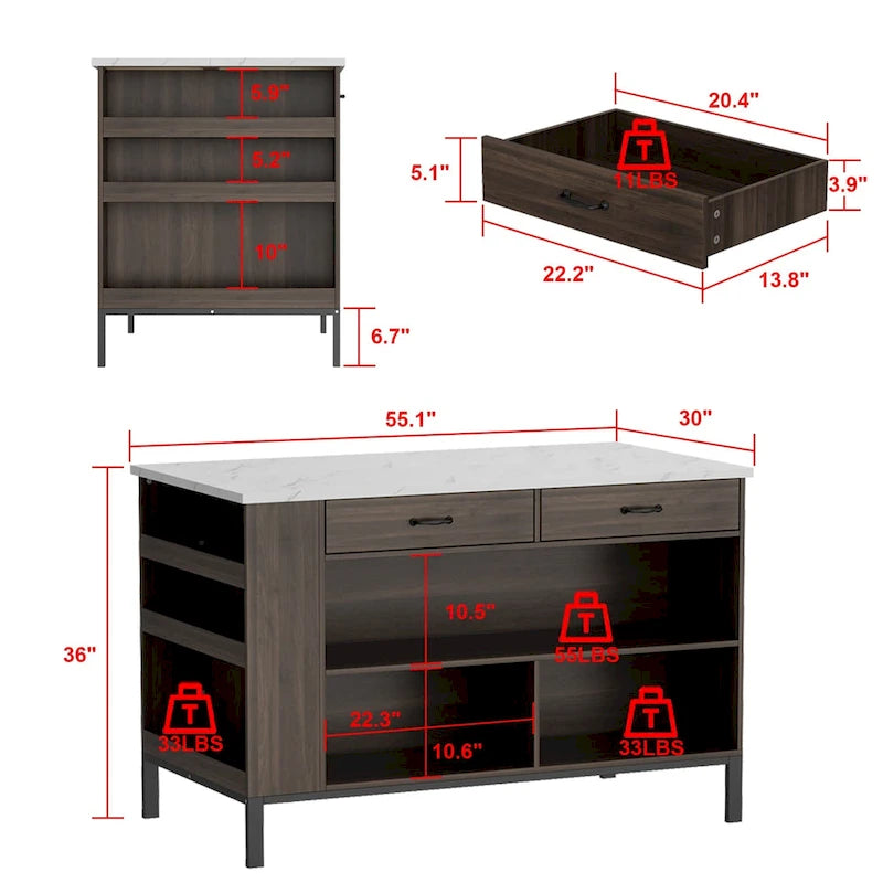Brown Kitchen Island Cabinet with Drawers and Open Shelves