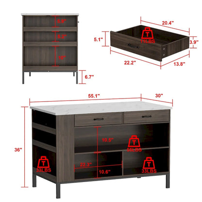 Brown Kitchen Island Cabinet with Drawers and Open Shelves