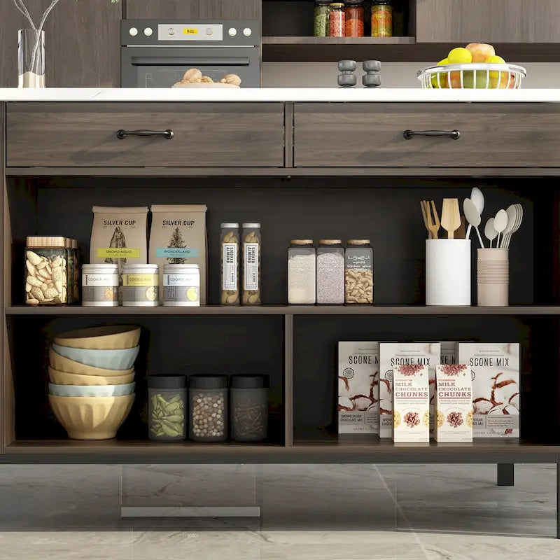 Brown Kitchen Island Cabinet with Drawers and Open Shelves