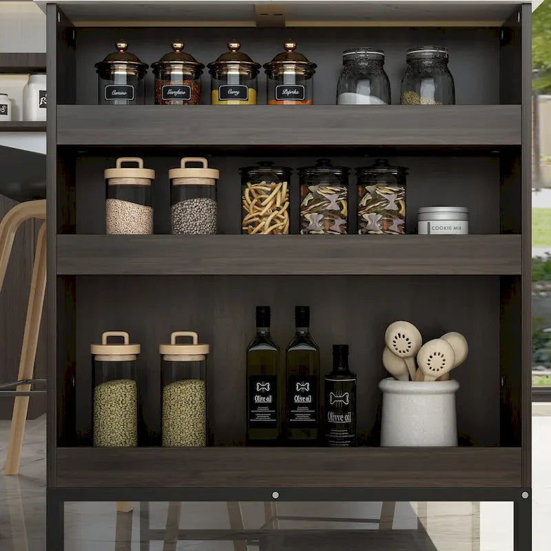 Brown Kitchen Island Cabinet with Drawers and Open Shelves
