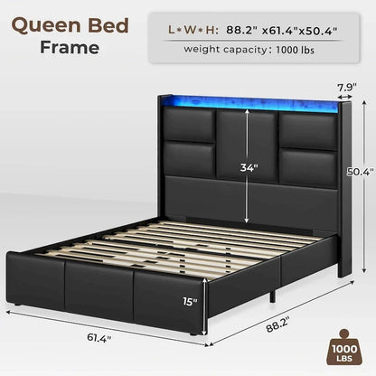 Black PU Leather Platform Bed with LED & USB Charging – Queen / King, 1-2 Person