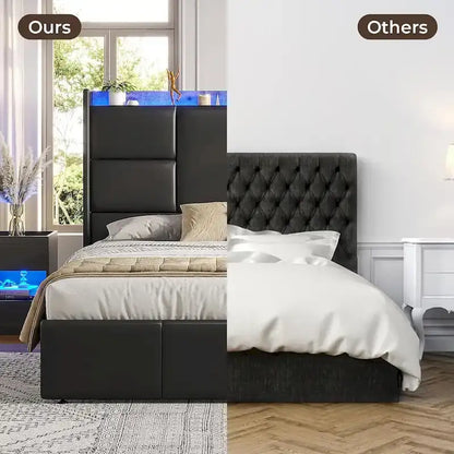Black PU Leather Platform Bed with LED & USB Charging – Queen / King, 1-2 Person