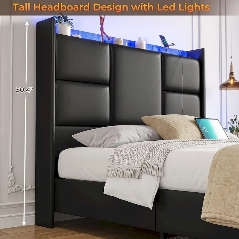 Black PU Leather Platform Bed with LED & USB Charging – Queen / King, 1-2 Person