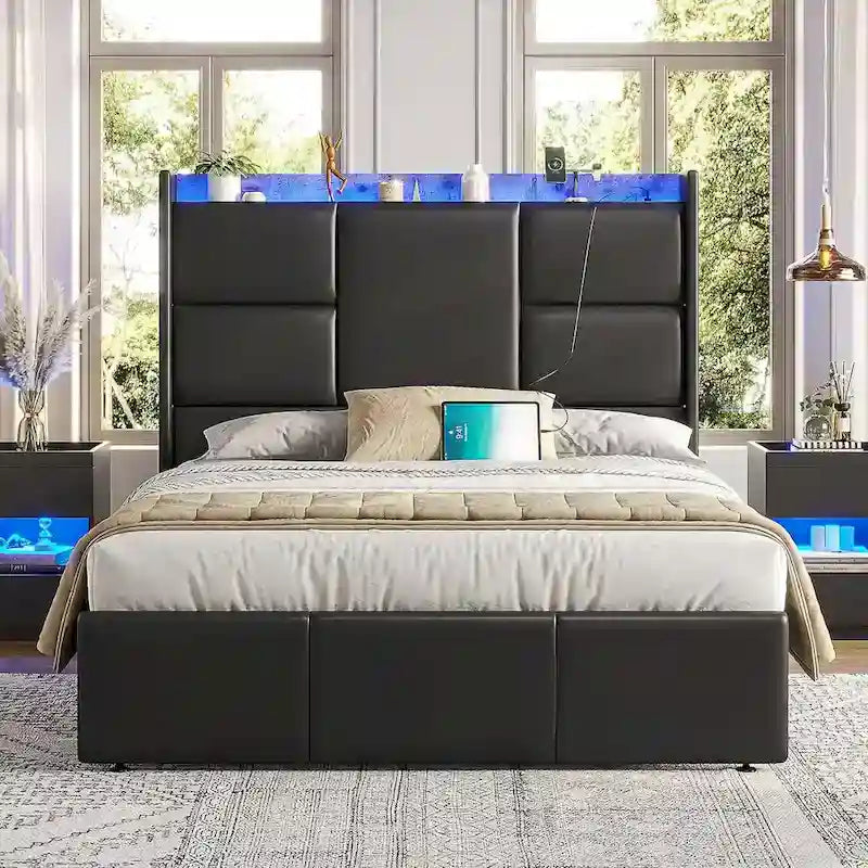 Black PU Leather Platform Bed with LED & USB Charging – Queen / King, 1-2 Person