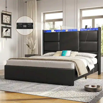 Black PU Leather Platform Bed with LED & USB Charging – Queen / King, 1-2 Person