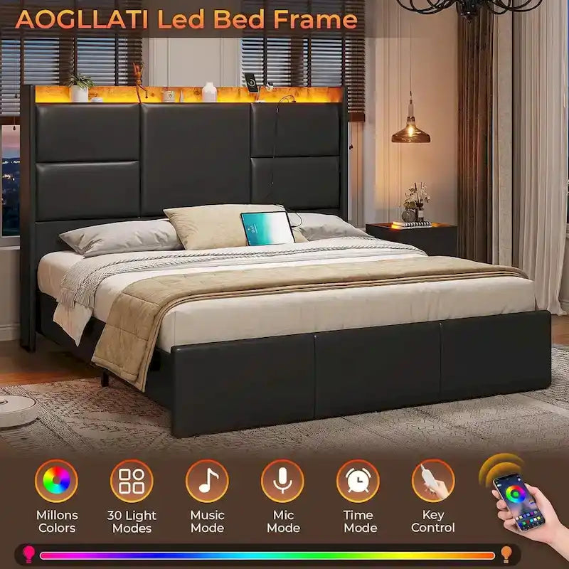 Black PU Leather Platform Bed with LED & USB Charging – Queen / King, 1-2 Person