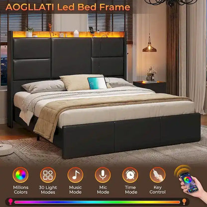 Black PU Leather Platform Bed with LED & USB Charging – Queen / King, 1-2 Person