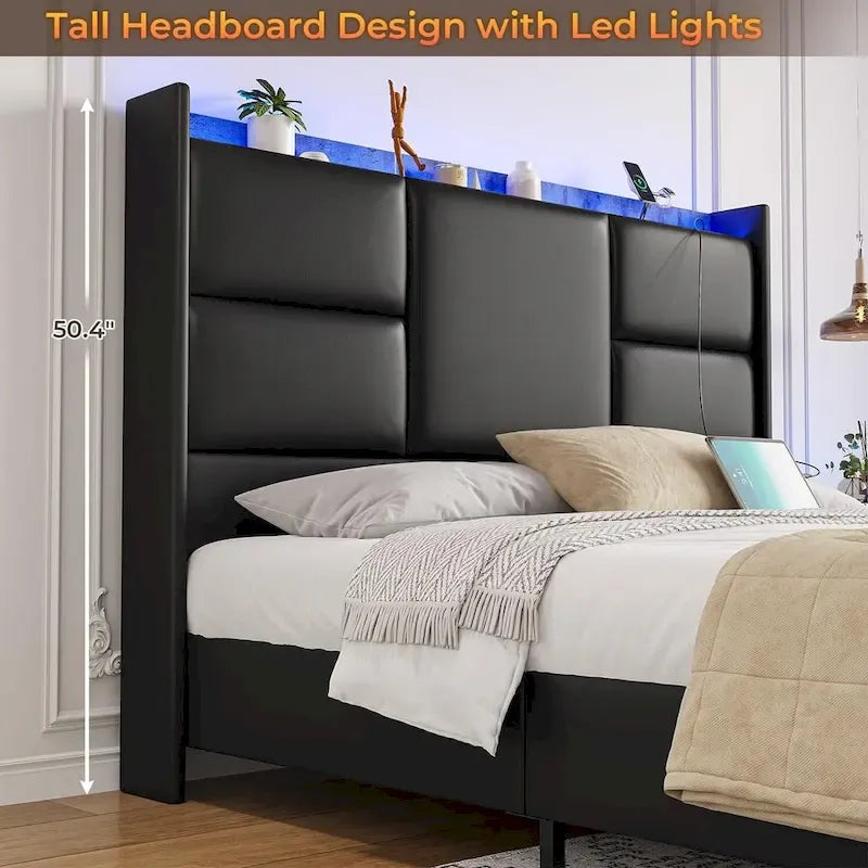 Black PU Leather Platform Bed with LED & USB Charging – Queen / King, 1-2 Person