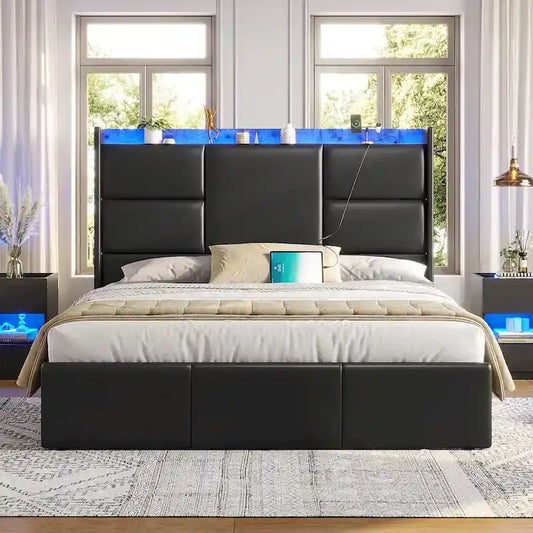 Black PU Leather Platform Bed with LED & USB Charging – Queen / King, 1-2 Person