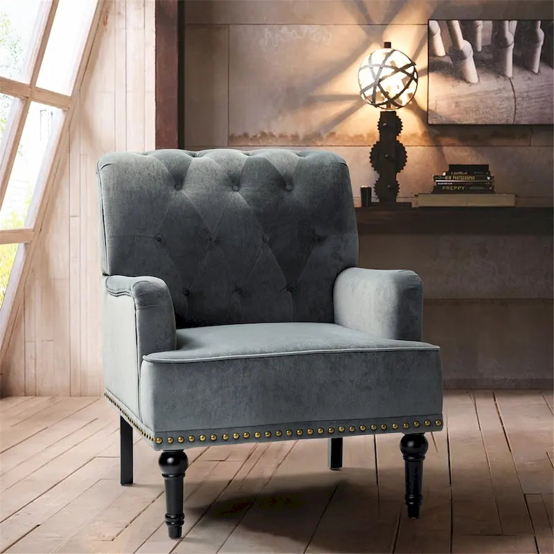 Grey / Sage / Black Velvet Button Tufted Accent Chair, Single Seat