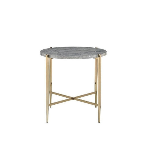 End Table with Oval Marble Top and X Shaped Support - Grey and Gold - 26 L x 26 W x 23.62 H Inches