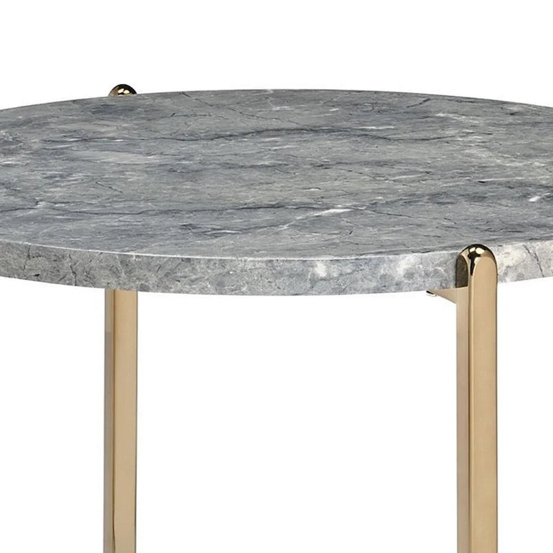 End Table with Oval Marble Top and X Shaped Support - Grey and Gold - 26 L x 26 W x 23.62 H Inches