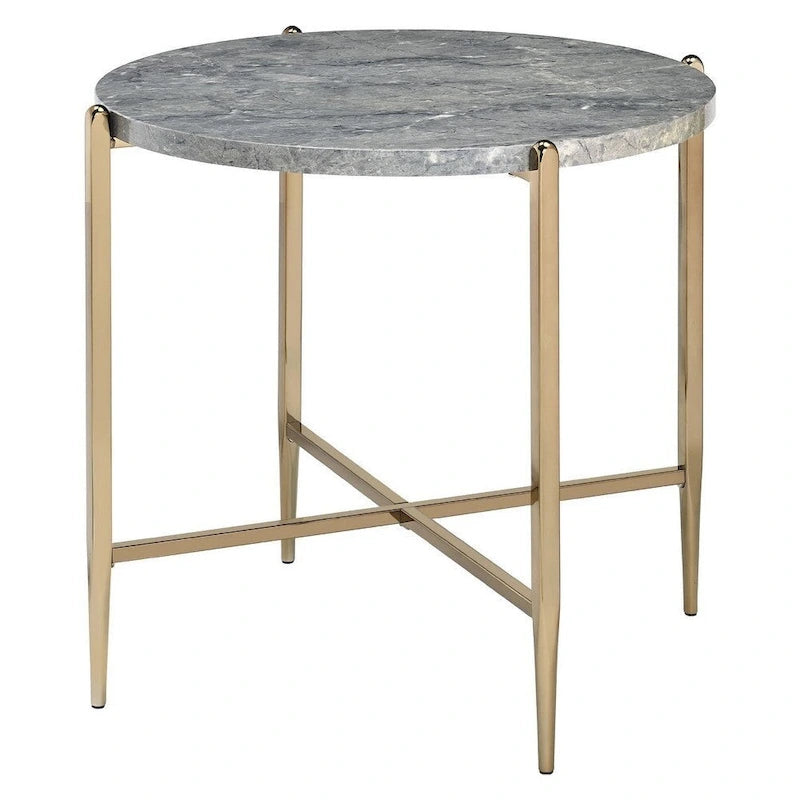 End Table with Oval Marble Top and X Shaped Support - Grey and Gold - 26 L x 26 W x 23.62 H Inches