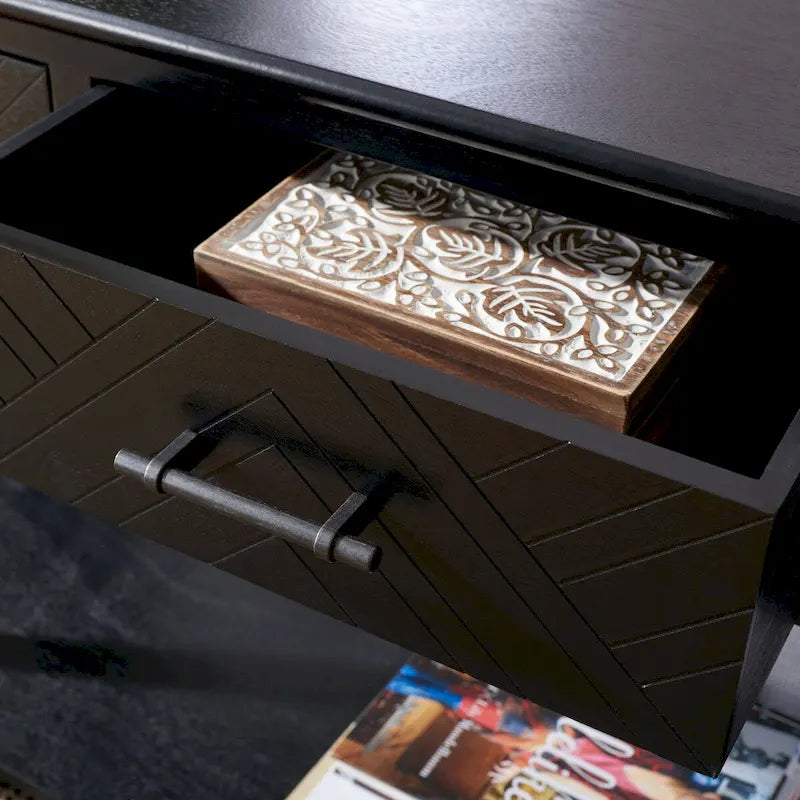 Greige / Brown / Black / Distressed White | 3-Drawer Herringbone Console Table with Bottom Shelf
