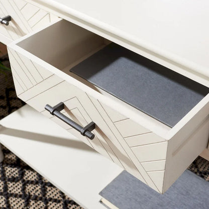 Greige / Brown / Black / Distressed White | 3-Drawer Herringbone Console Table with Bottom Shelf