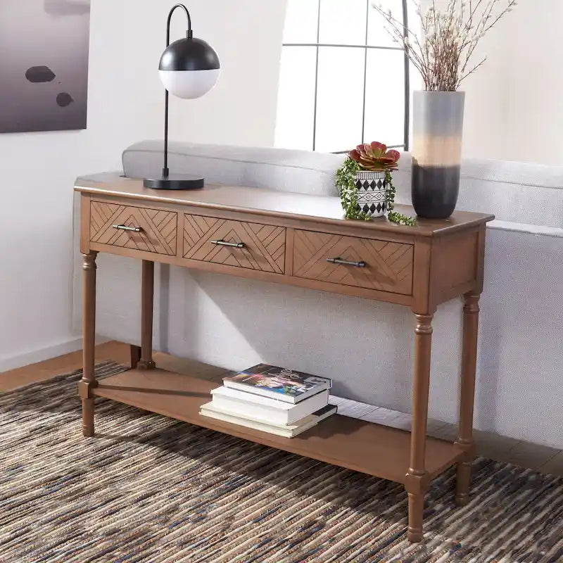 Greige / Brown / Black / Distressed White | 3-Drawer Herringbone Console Table with Bottom Shelf