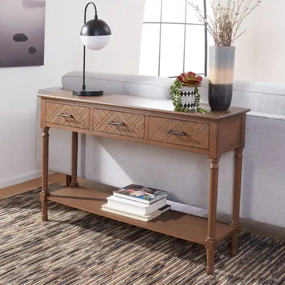 Greige / Brown / Black / Distressed White | 3-Drawer Herringbone Console Table with Bottom Shelf