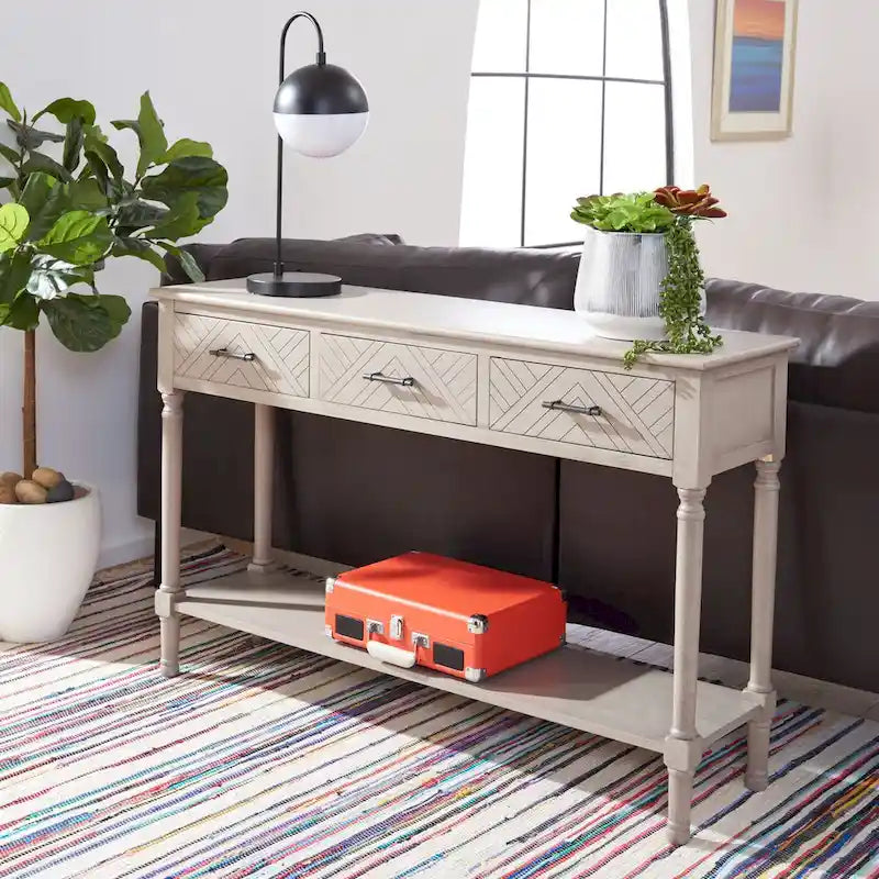 Greige / Brown / Black / Distressed White | 3-Drawer Herringbone Console Table with Bottom Shelf