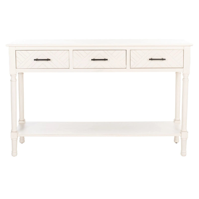 Greige / Brown / Black / Distressed White | 3-Drawer Herringbone Console Table with Bottom Shelf