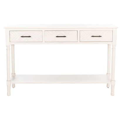 Greige / Brown / Black / Distressed White | 3-Drawer Herringbone Console Table with Bottom Shelf