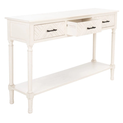 Greige / Brown / Black / Distressed White | 3-Drawer Herringbone Console Table with Bottom Shelf
