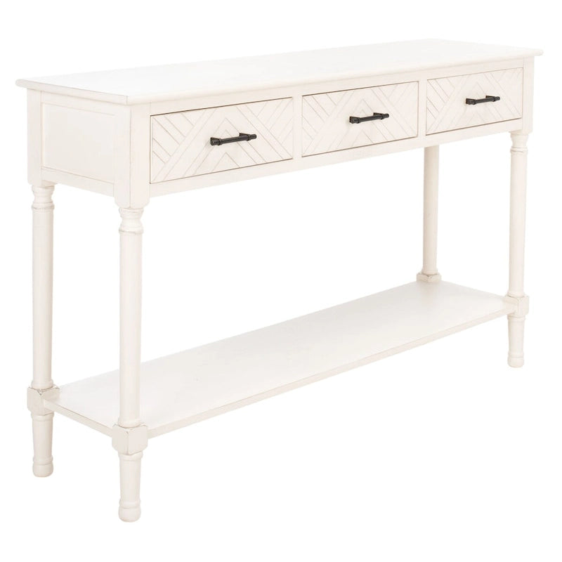 Greige / Brown / Black / Distressed White | 3-Drawer Herringbone Console Table with Bottom Shelf