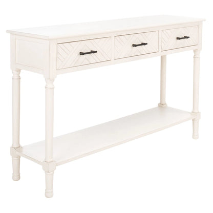 Greige / Brown / Black / Distressed White | 3-Drawer Herringbone Console Table with Bottom Shelf