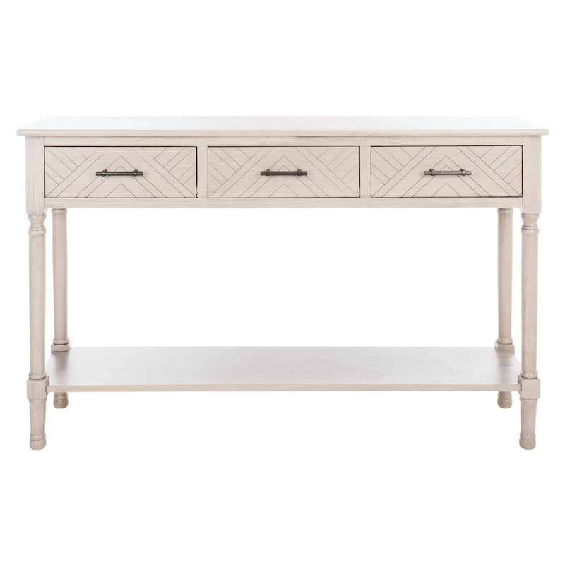 Greige / Brown / Black / Distressed White | 3-Drawer Herringbone Console Table with Bottom Shelf