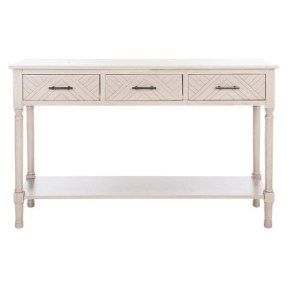 Greige / Brown / Black / Distressed White | 3-Drawer Herringbone Console Table with Bottom Shelf