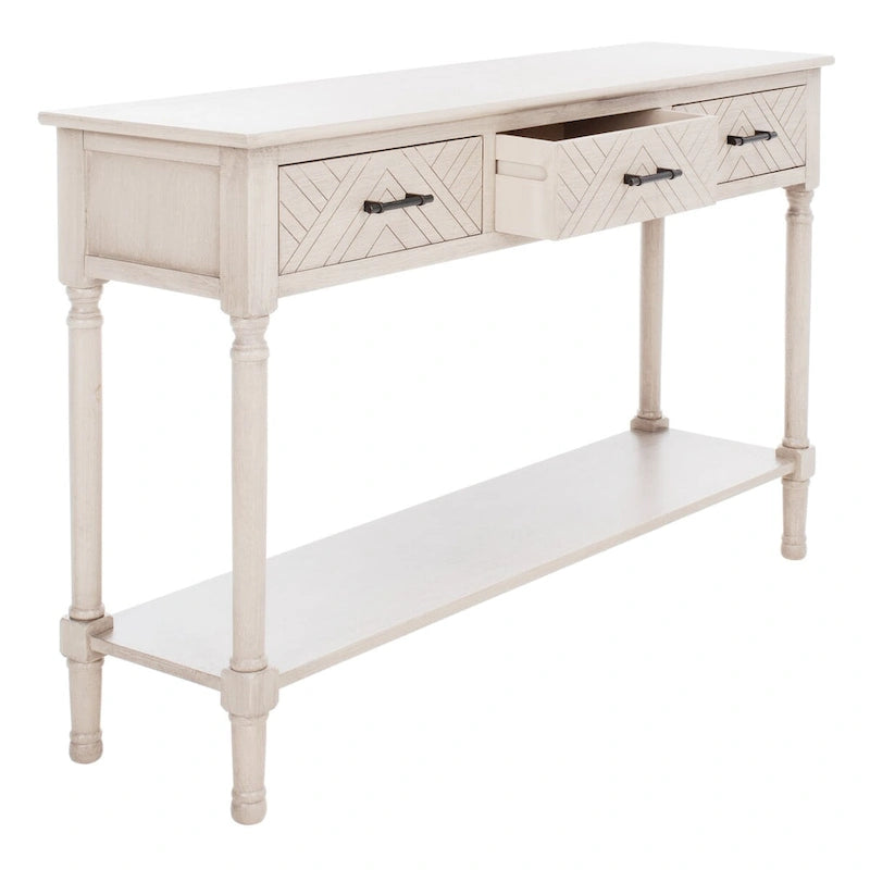 Greige / Brown / Black / Distressed White | 3-Drawer Herringbone Console Table with Bottom Shelf