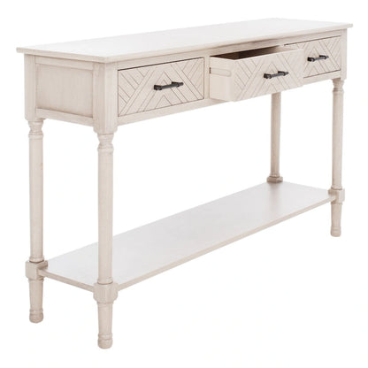 Greige / Brown / Black / Distressed White | 3-Drawer Herringbone Console Table with Bottom Shelf
