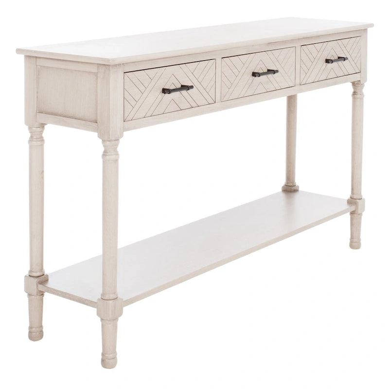 Greige / Brown / Black / Distressed White | 3-Drawer Herringbone Console Table with Bottom Shelf