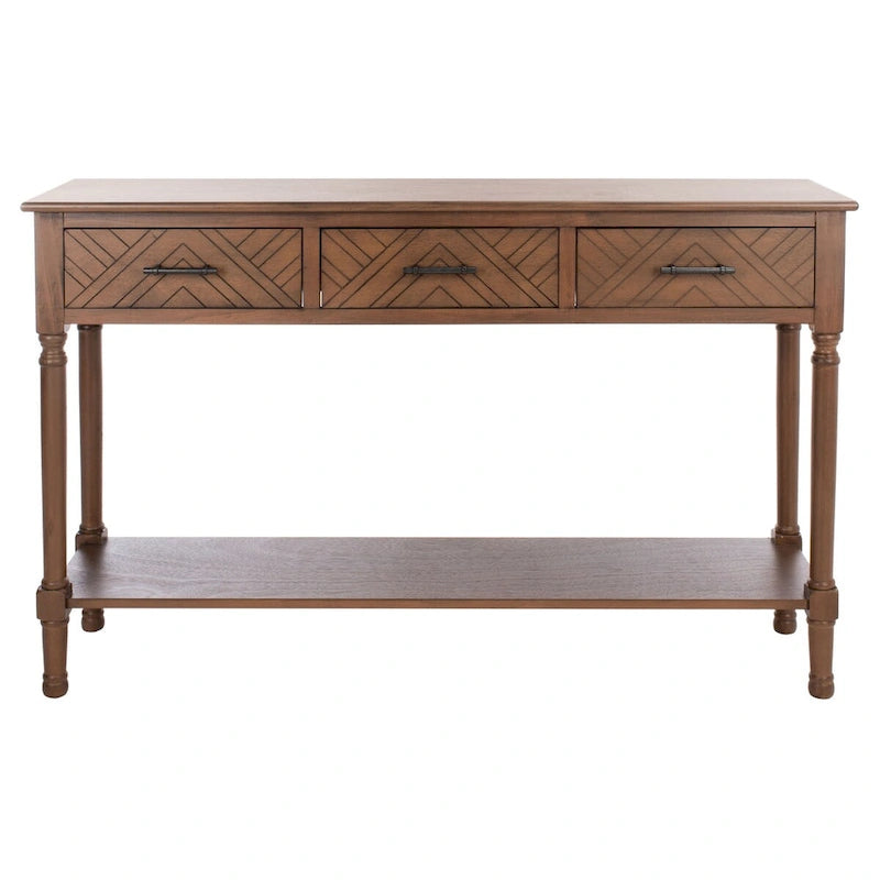 Greige / Brown / Black / Distressed White | 3-Drawer Herringbone Console Table with Bottom Shelf