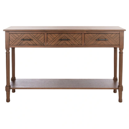 Greige / Brown / Black / Distressed White | 3-Drawer Herringbone Console Table with Bottom Shelf