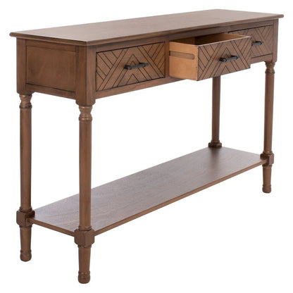 Greige / Brown / Black / Distressed White | 3-Drawer Herringbone Console Table with Bottom Shelf